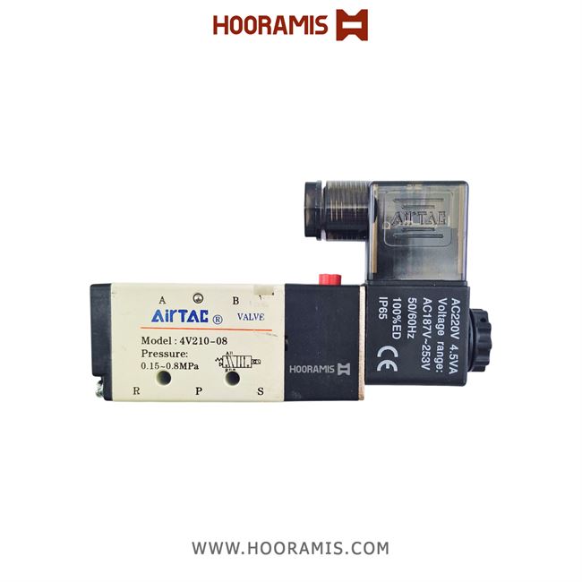 شیربرقی تک بوبین پنوماتیک 5/2 سایز 1/4 اینچ 220 ولت AC برند AIRTAC  مدل 4V210-08
