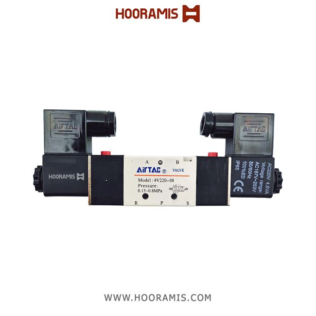 شیربرقی دو بوبین پنوماتیک 5/2 سایز 1/4 اینچ 220 ولت AC برند AIRTAC مدل4V220-08  438_2.png