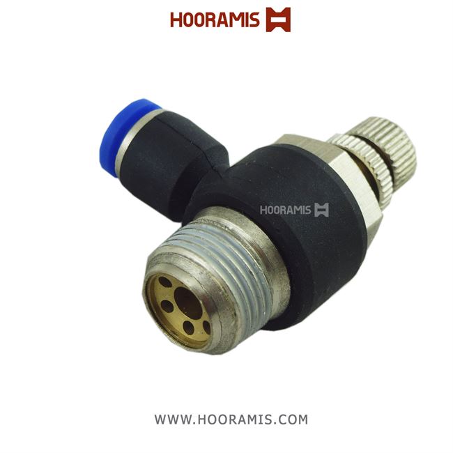 شیر کنترل جریان دستی پنوماتیک (فلو کنترل) با شلنگ خور 6 میلیمتر و سایز دنده 1/4 اینچ مدل NSC