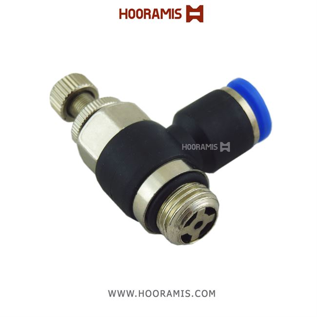 شیر کنترل جریان دستی پنوماتیک (فلو کنترل) با شلنگ خور 6 میلیمتر و سایز دنده 3/8 اینچ مدل NSC
