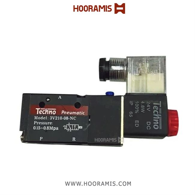 شیربرقی تک بوبین پنوماتیک 3/2 سایز 1/4 اینچ DC 24V برند Techno  مدل 3V210-08NC