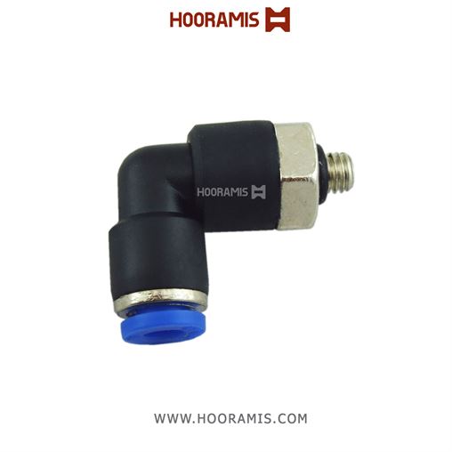 فیتینگ زانویی مینیاتوری پنوماتیک با شلنگ خور 6 میلیمتر و سایز دنده نری 5 میلیمتر (M5*0.8)